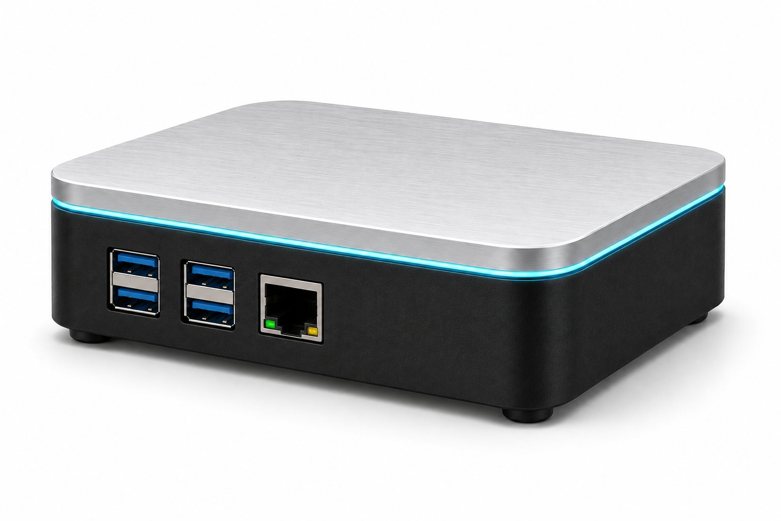 Side view of the ClaraSight unit showing four USB-A ports stacked in two pairs and a Gigabit Ethernet socket.