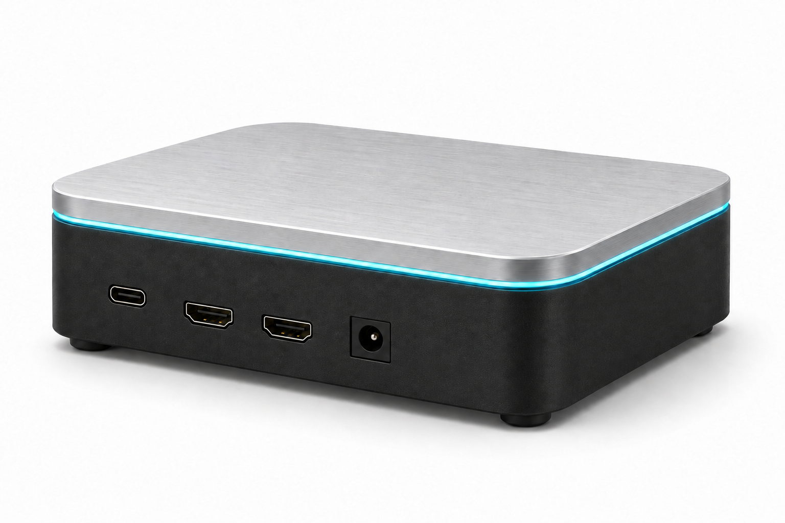 Front three-quarter view of the ClaraSight unit showing a USB-C port, two HDMI outputs and the DC inlet.