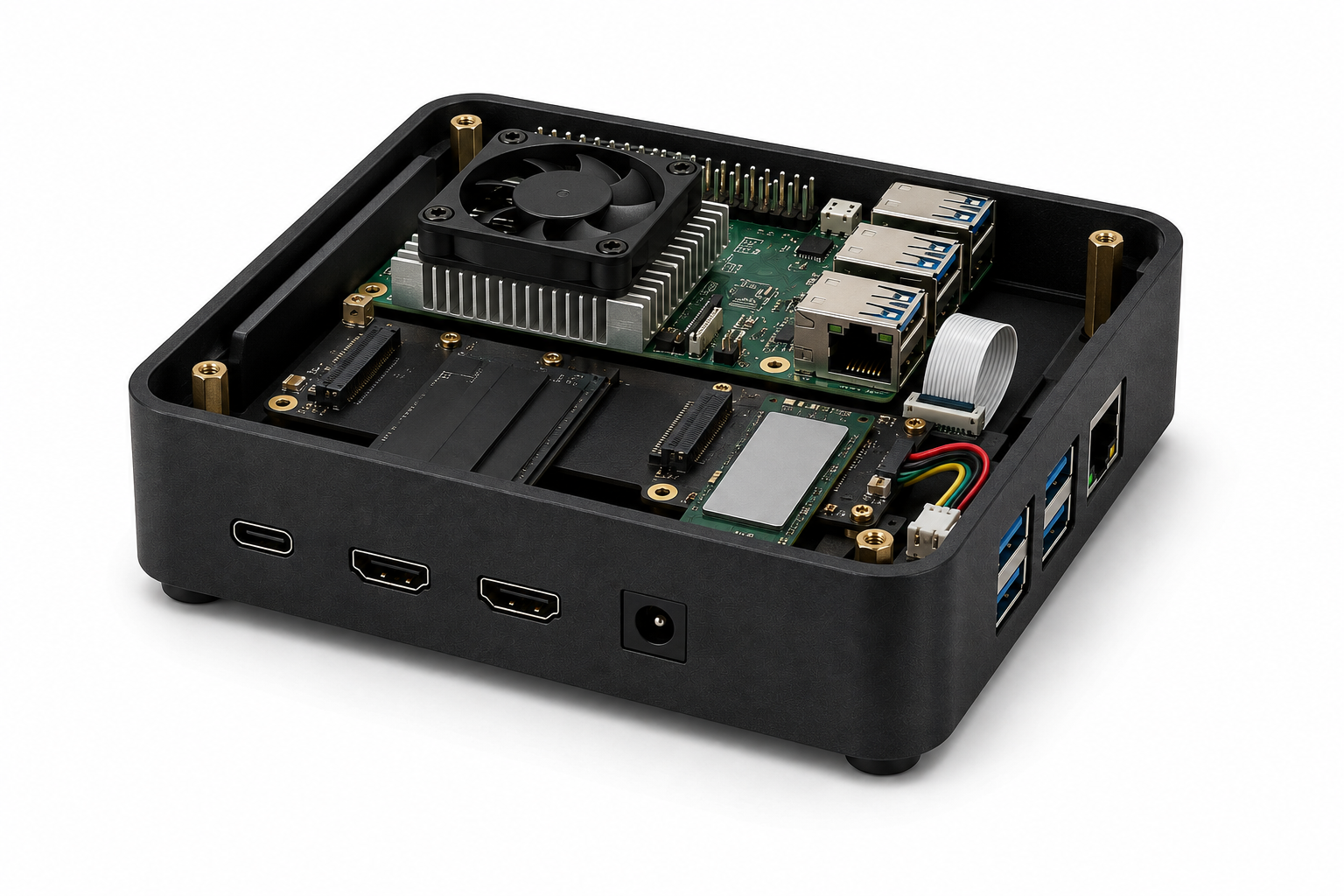 The ClaraSight unit with the lid removed, showing the Raspberry Pi 5 with fan and heatsink mounted above a dual M.2 carrier board on brass standoffs.
