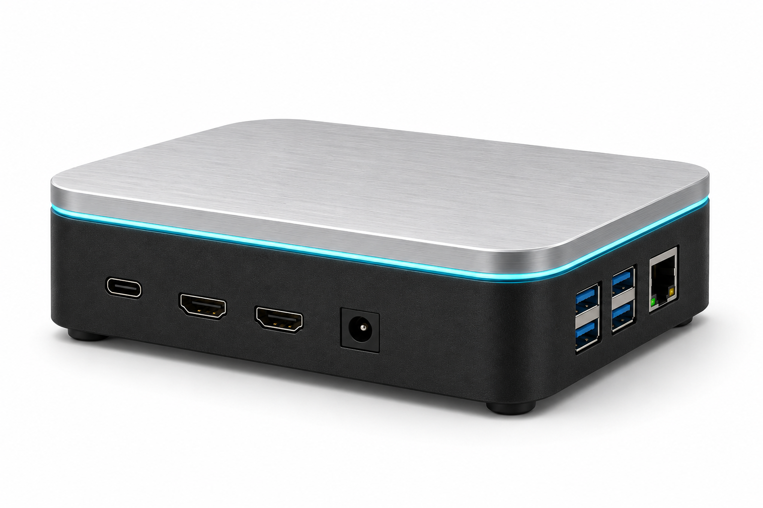 Three-quarter view of the ClaraSight unit showing both port faces and the cyan light seam between the aluminium lid and the black base.