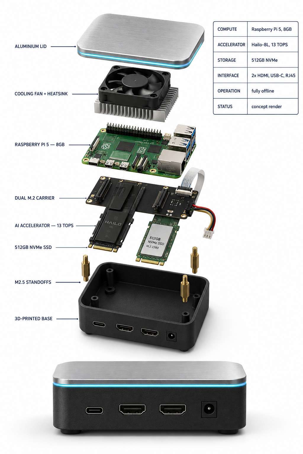 Exploded view of the ClaraSight standard tier: aluminium lid, cooling fan and heatsink, Raspberry Pi 5 8GB, a dual M.2 carrier holding the Hailo-8L accelerator and a 512GB NVMe SSD, M2.5 standoffs and a 3D-printed base, with the assembled unit below showing USB-C, two HDMI ports and a DC inlet.