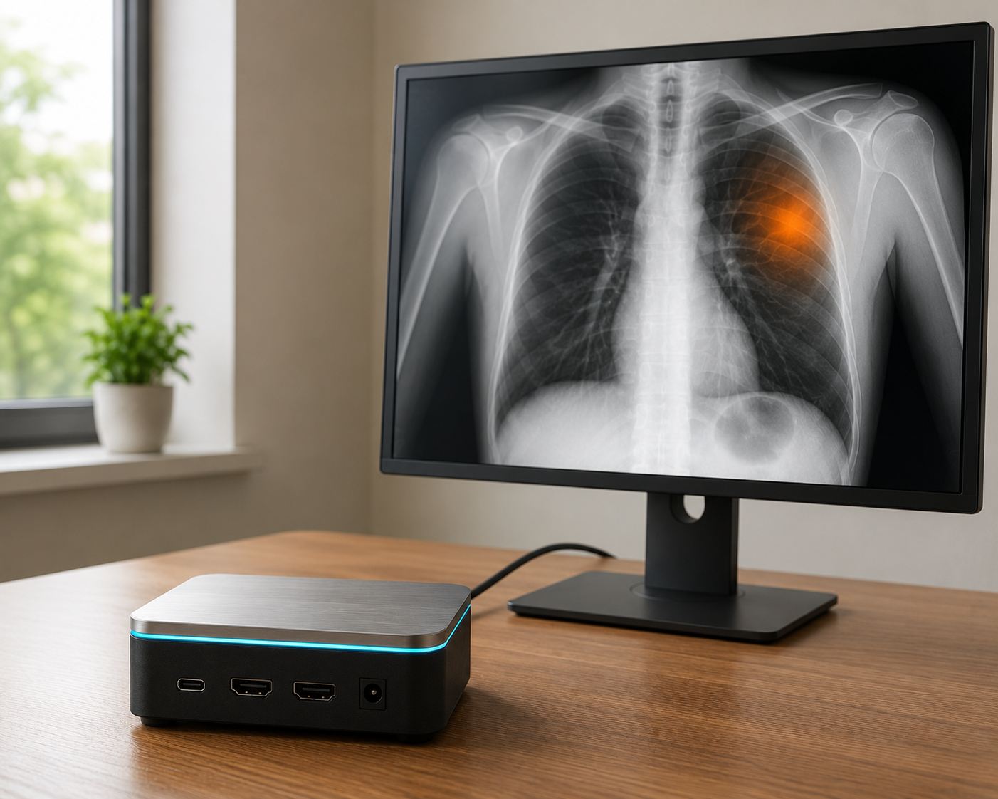 A ClaraSight unit on a clinic desk beside a monitor showing a chest X-ray with a warm heatmap over the upper zone.