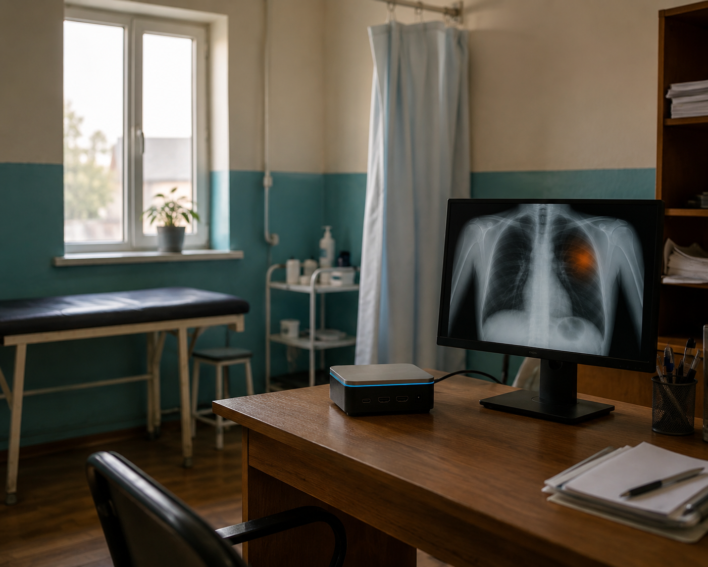A district clinic consulting room with an examination couch, curtain and window, and the ClaraSight unit on the desk next to a monitor showing a chest X-ray.